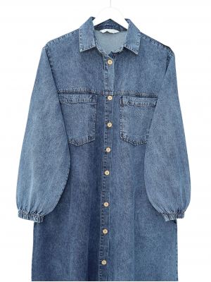 Boydan Düğmeli Kolu Lastikli Cepli Kot Elbise   -Buz Mavi