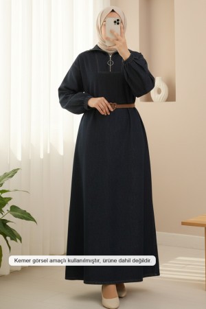 فستان جينز بجيوب وسحاب وفتحة رقبة نصف مدورة  -أنثراسايت