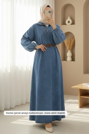 فستان جينز بجيوب وسحاب وفتحة رقبة نصف مدورة  -جليدي