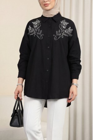 Çiçek Boncuk Desenli Düğmeli Çilek Gömlek -Siyah