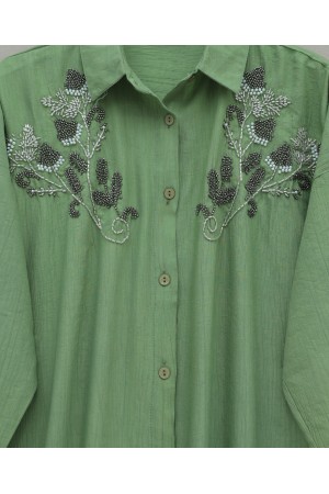 Çiçek Boncuk Desenli Düğmeli Çilek Gömlek -Yeşil