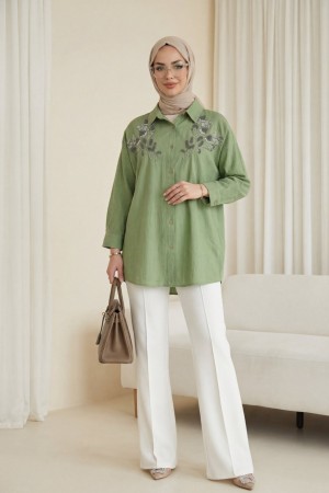 Çiçek Boncuk Desenli Düğmeli Çilek Gömlek -Yeşil