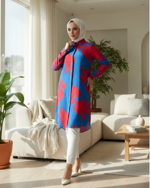 Large Leaf Patterned Long Viscose Tunic -Dark blue