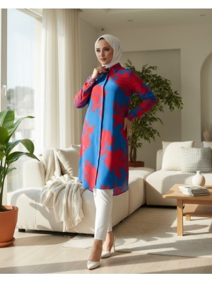 Large Leaf Patterned Long Viscose Tunic -Dark blue