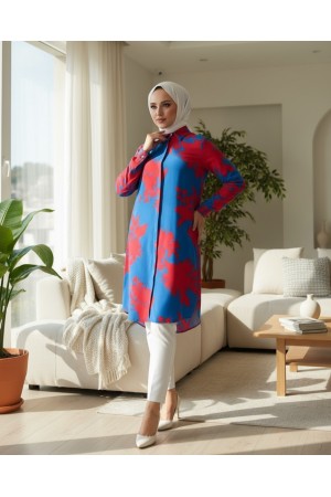 Büyük Yaprak Desenli Uzun Viskon Tunik -Koyu Mavi