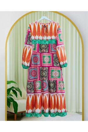 Etnik Desen Bağcıklı Kolu Lastikli Elbise  -Fuşya