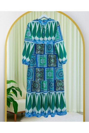 Etnik Desen Bağcıklı Kolu Lastikli Elbise  -Mavi