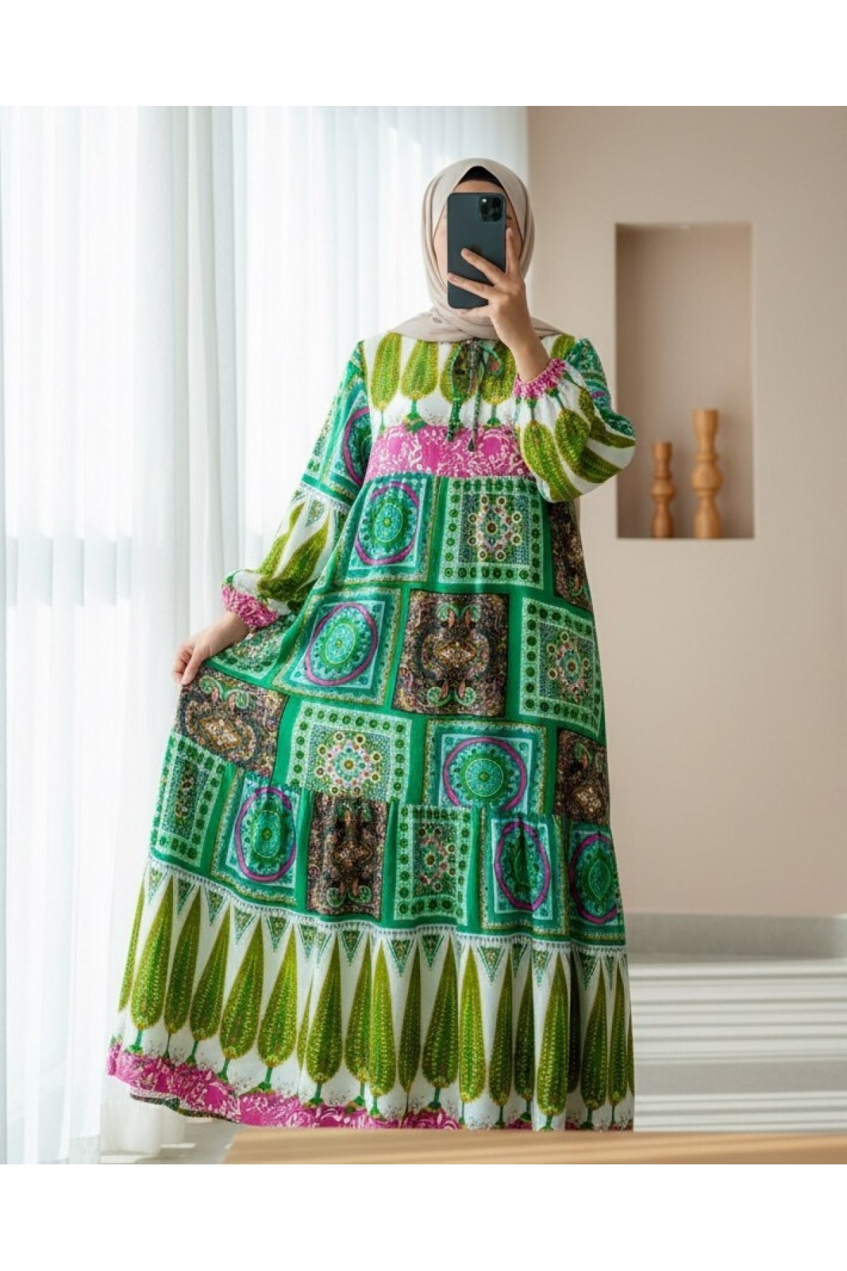 Ethnic Pattern Laced Sleeve Elastic Dress -Green