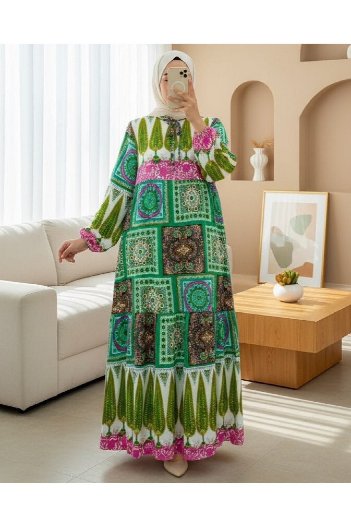 Ethnic Pattern Laced Sleeve Elastic Dress -Green