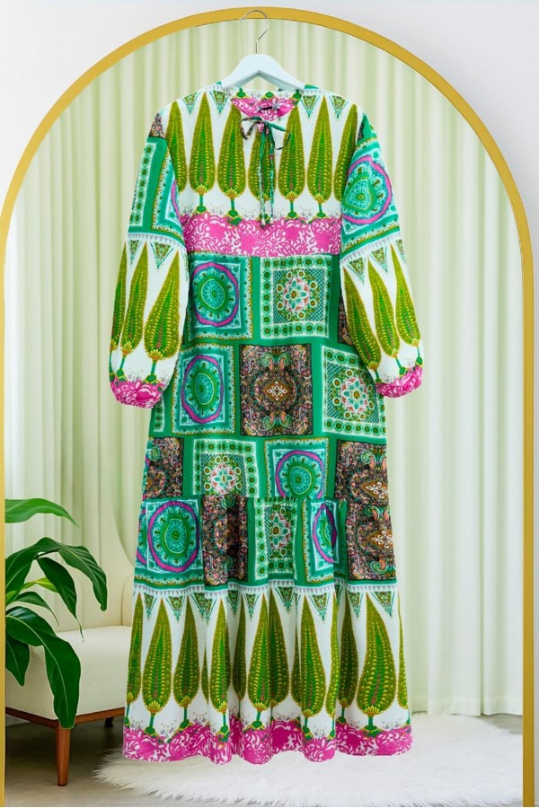 Ethnic Pattern Laced Sleeve Elastic Dress -Green