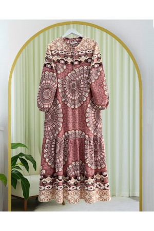 Parçalı Deseli Bağcıklı Kolu Lastikli Elbise  -G.Kurusu