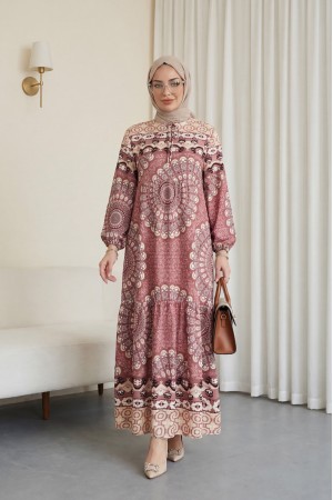 Parçalı Deseli Bağcıklı Kolu Lastikli Elbise  -G.Kurusu