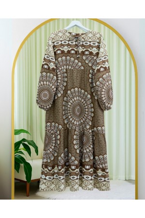 Parçalı Deseli Bağcıklı Kolu Lastikli Elbise  -Kahve