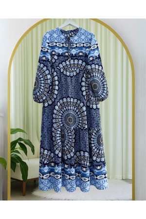 Parçalı Deseli Bağcıklı Kolu Lastikli Elbise  -Laci