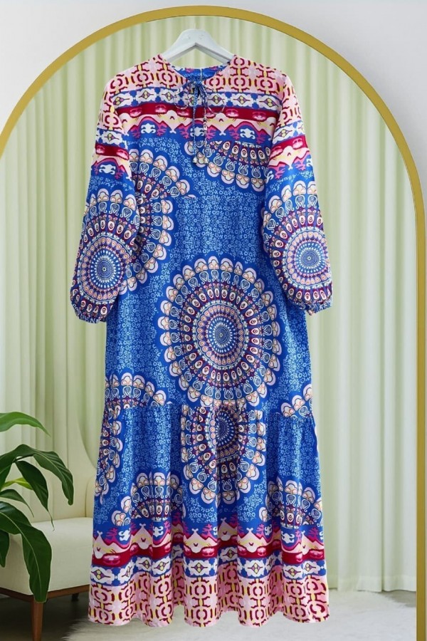 Pieced Pattern Lace-Up Elastic Sleeve Elastic Dress -Blue