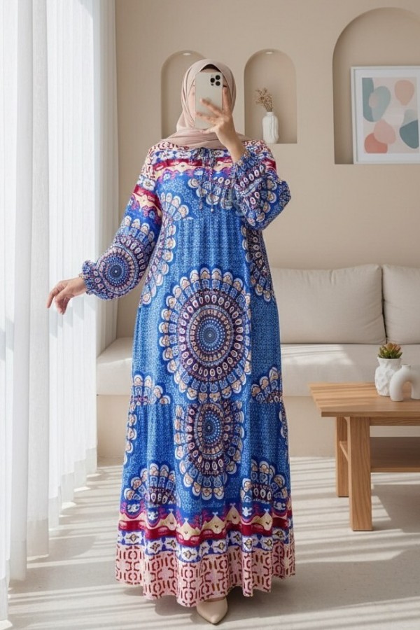 Pieced Pattern Lace-Up Elastic Sleeve Elastic Dress -Blue