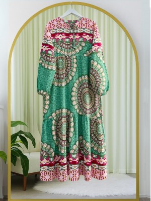 Parçalı Deseli Bağcıklı Kolu Lastikli Elbise  -Yeşil