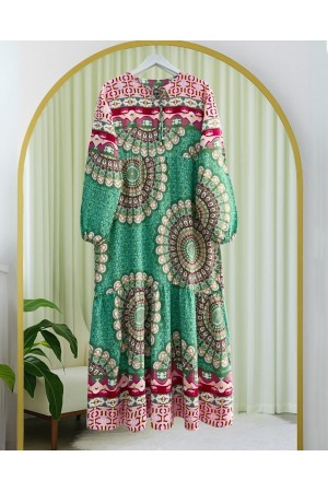 Parçalı Deseli Bağcıklı Kolu Lastikli Elbise  -Yeşil