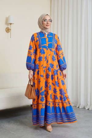 Yarım Düğmeli Kolu Lastikli Desenli Elbise -Turuncu