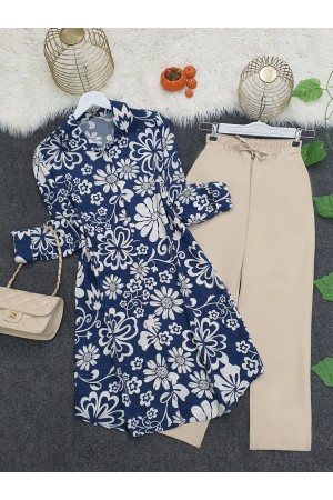 Düğmeli Desenli Viskon Tunik   -İndigo