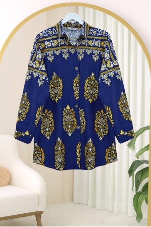 Oval Cut Buttoned Viscose Tunic -İndigo