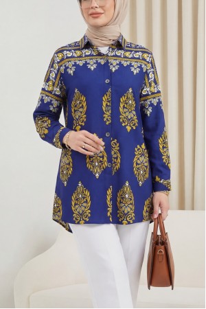 Oval Cut Buttoned Viscose Tunic -İndigo