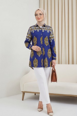 Oval Cut Buttoned Viscose Tunic -İndigo