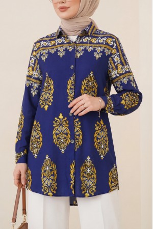 Oval Cut Buttoned Viscose Tunic -İndigo