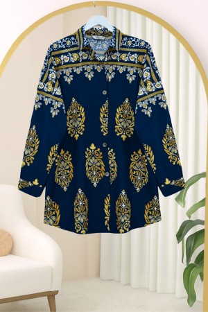 Oval Cut Buttoned Viscose Tunic -Navy blue