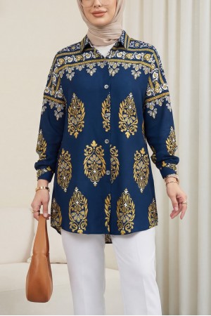 Oval Kesim Boydan Düğmeli Viskon Tunik -Laci