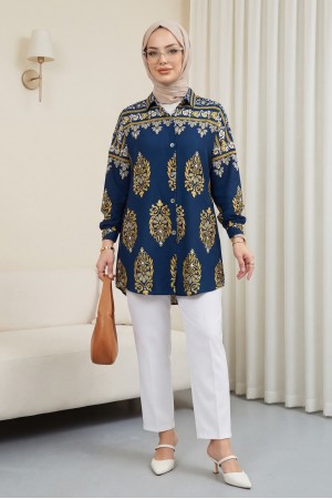 Oval Cut Buttoned Viscose Tunic -Navy blue