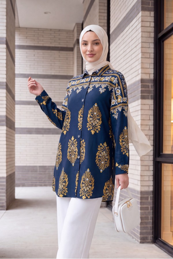 تونيك فيسكوز بأزرار وقصّة بيضاوية -كحلي
