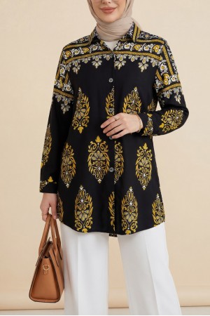 Oval Kesim Boydan Düğmeli Viskon Tunik -Siyah