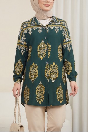 Oval Kesim Boydan Düğmeli Viskon Tunik -Zümrüt