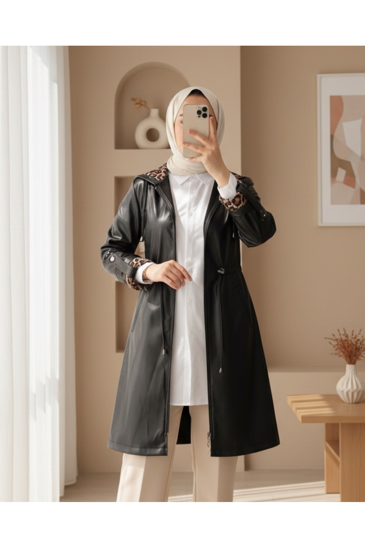 Folded Arm Tie Waist Hooded Leather Cap -Black