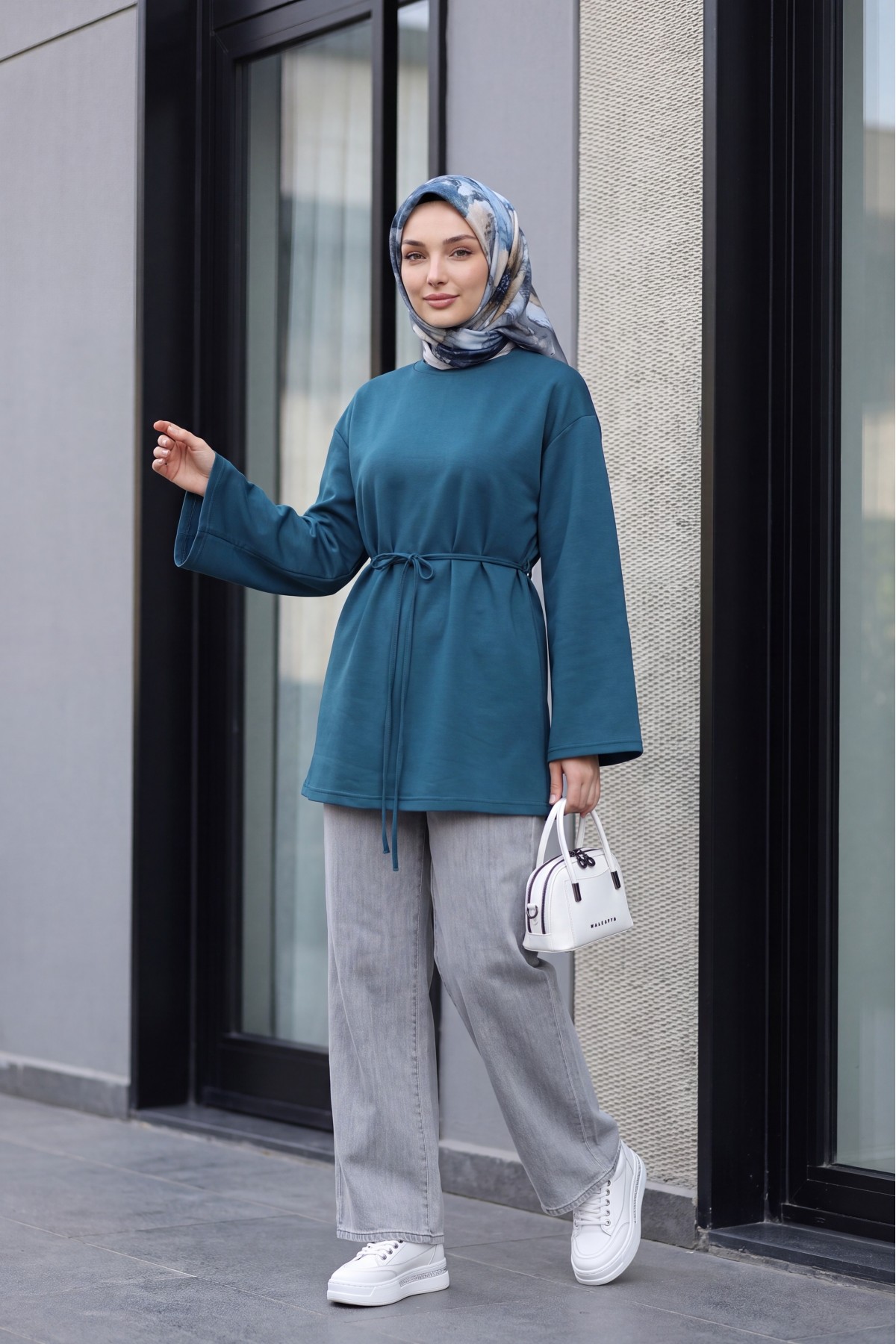 Round Neck Tied Waist Combed Cotton Tunic   -Oil color