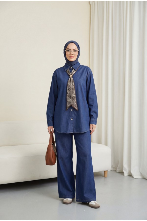 Tencel Denim Set with Brooch, Belt, and Rhinestone Buttons -Navy blue