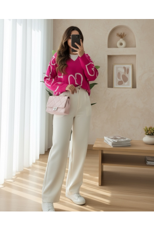 V Yaka Taşlı Triko Kazak -Fuşya