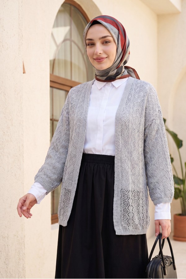 Half Sleeve Openwork Short Cardigan      - Light grey