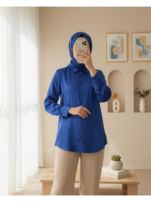 3964 Hafif Dökümlü Saten Gömlek - Saks