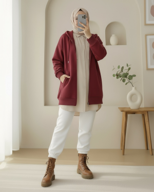 سترة مرتفعة بغطاء رأس وسحاب وجيب -بوردو