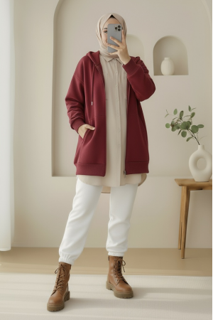 Kapşonlu Cepli Fermuarlı Şardonlu Sweat -Bordo