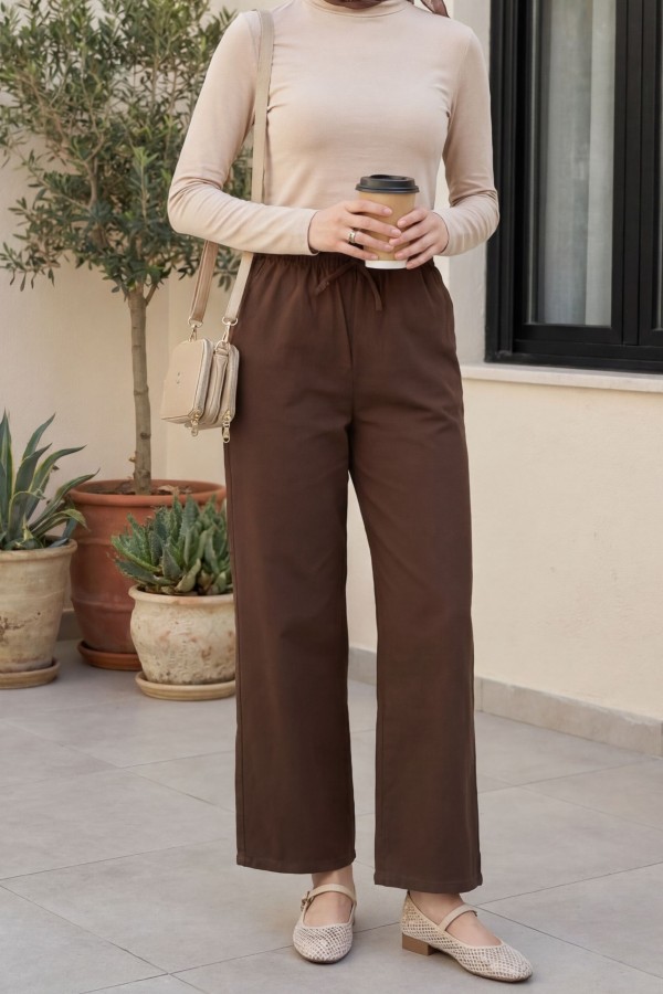 Lacing Detailed Wide Leg Linen Trousers with Elastic Waist -Brown