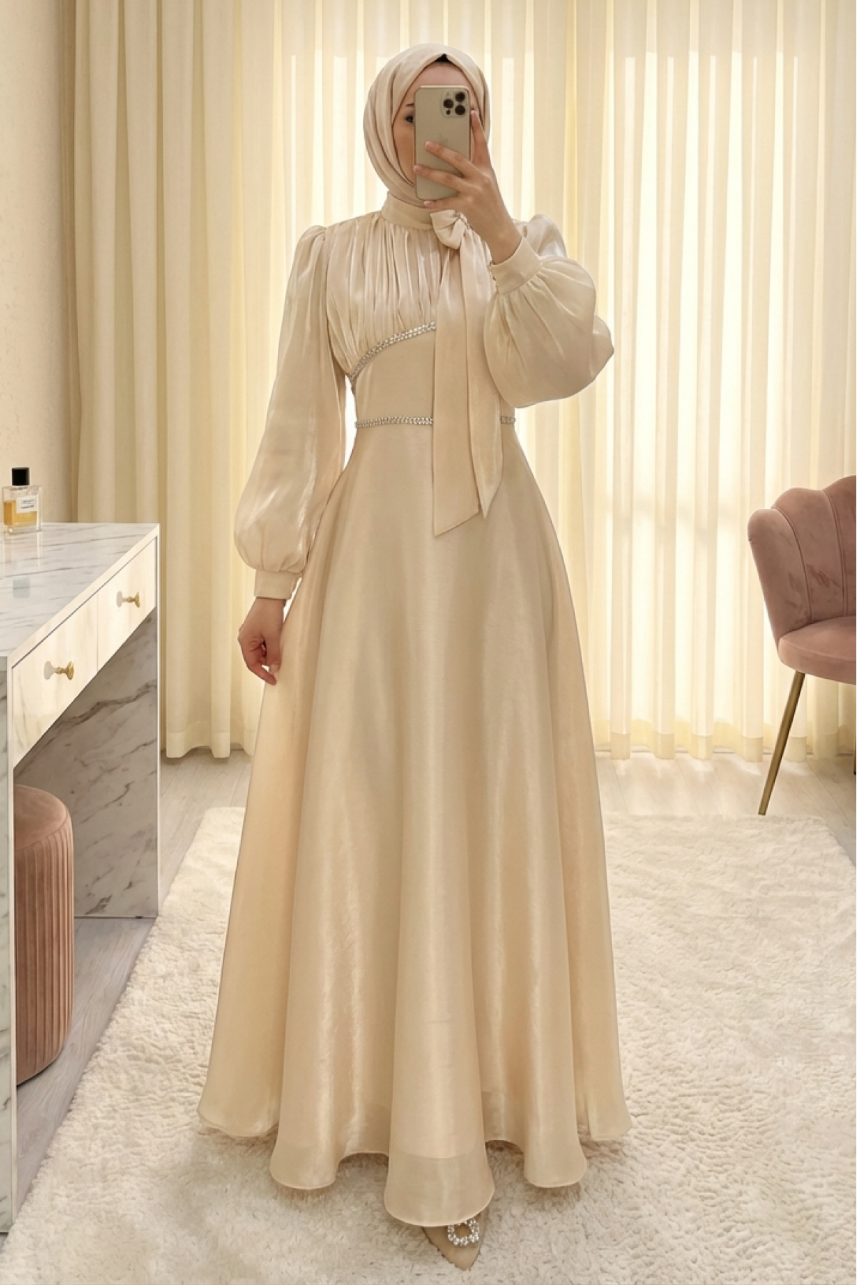 Balloon Sleeve Evening Dress with Bow Collar and Stone Detail at Waist - Beige