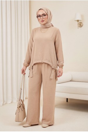 Önden Büzmeli Şalvar Pantolon Ayrobin Salaş Takım   -Bej
