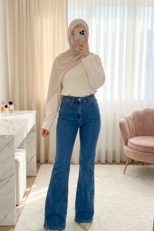 Cepli İspanyol Paça Likralı Fermuarlı Kot Pantolon -Mavi