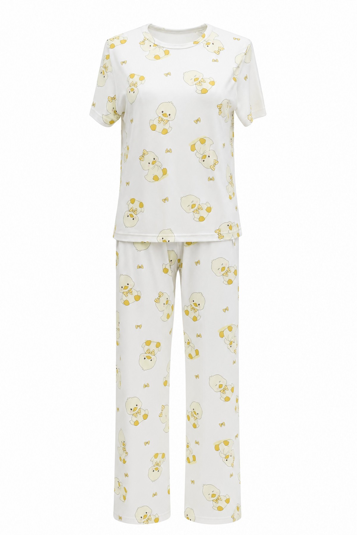 Duck Patterned Crew Neck Short Sleeve Cotton Pajama Set -Ecru