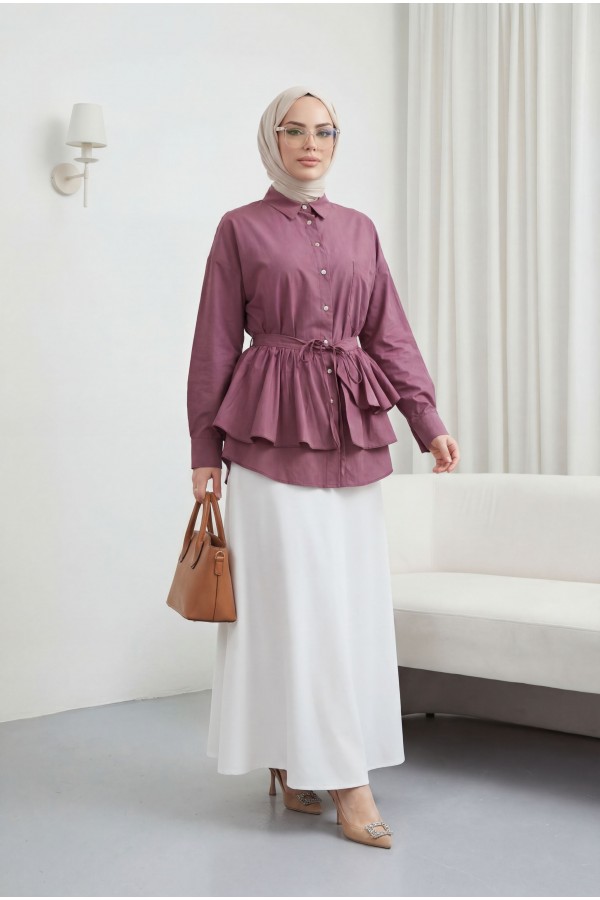 Pelerin Detaylı Düğmeli Oval Kesim Poplin Tunik -Vişne