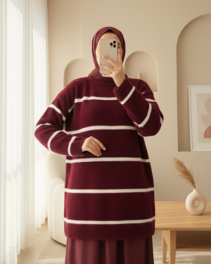 Striped Loose Bearded Knit Tunic -Maroon