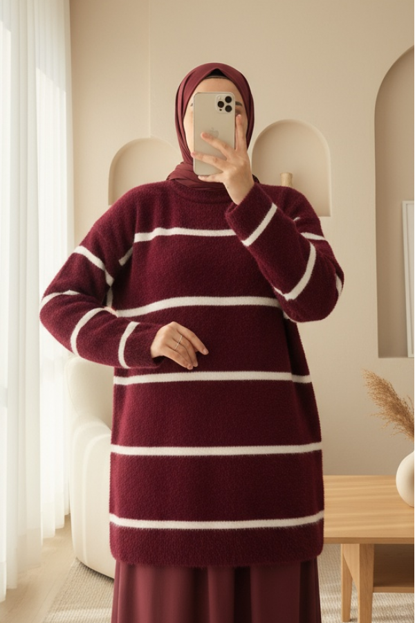 Striped Loose Bearded Knit Tunic -Maroon